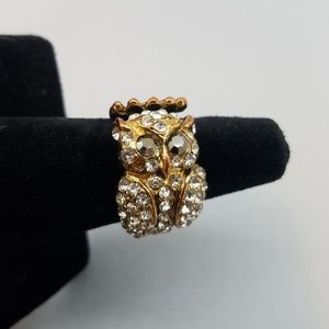 Sparkly Owl Ring Copper Tone Clear Black Crystals